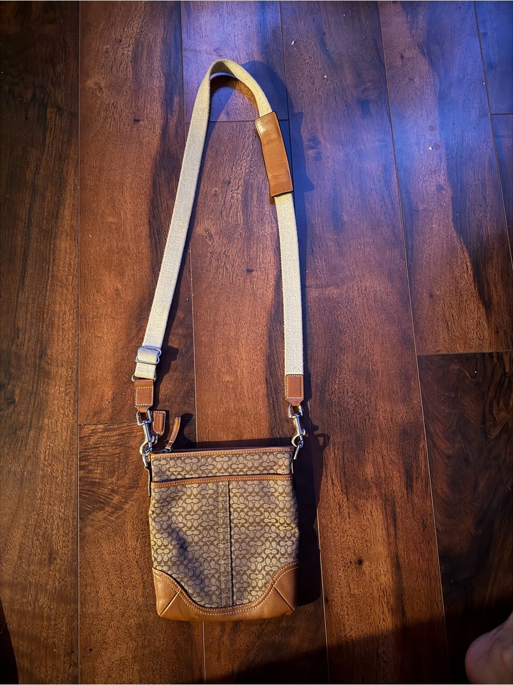 Coach Brown Signature Crossbody Bag with Cream Canvas Strap